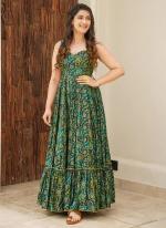 Heavy Rayon Green Festival Wear Printed Readymade Gown